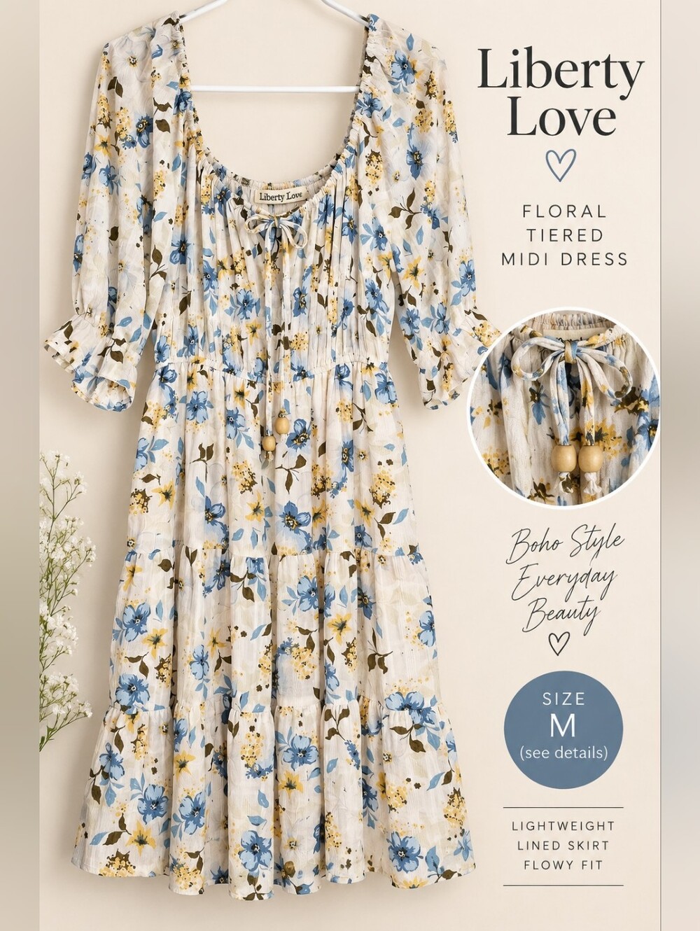 Liberty Love Floral Tiered Midi Dress Boho Medium